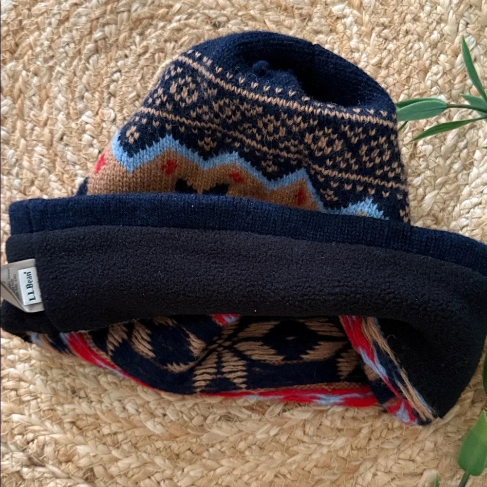 L.L. Bean Navy Fair Isle Knit Wool Hat with Tan and Light Blue Accents